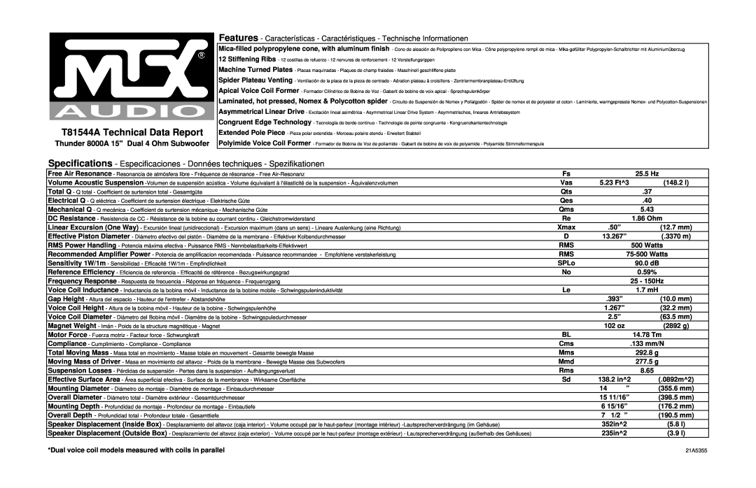 MTX Audio specifications T81544A Technical Data Report, Thunder 8000A 15 Dual 4 Ohm Subwoofer 