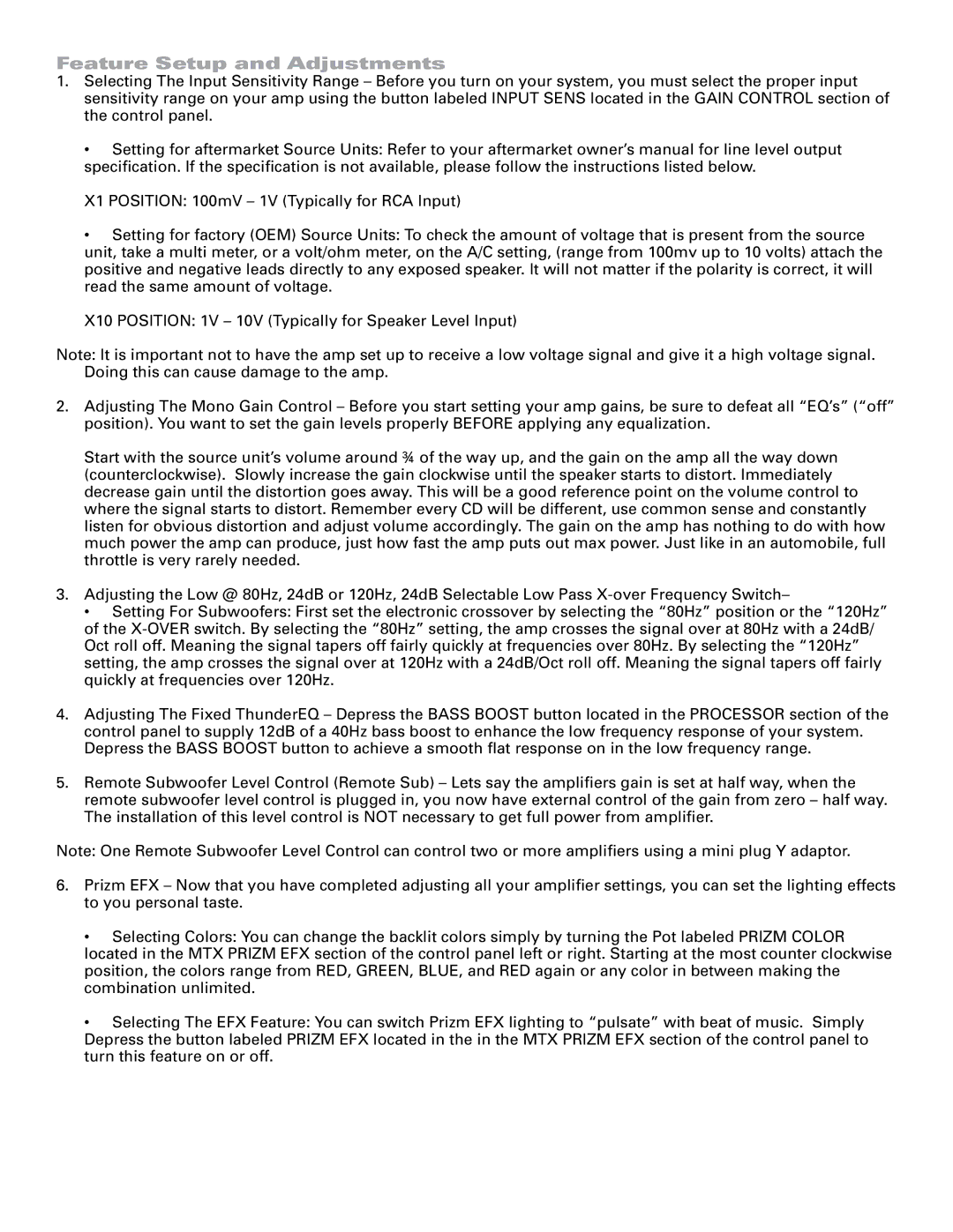 MTX Audio TA2301 specifications Feature Setup and Adjustments 