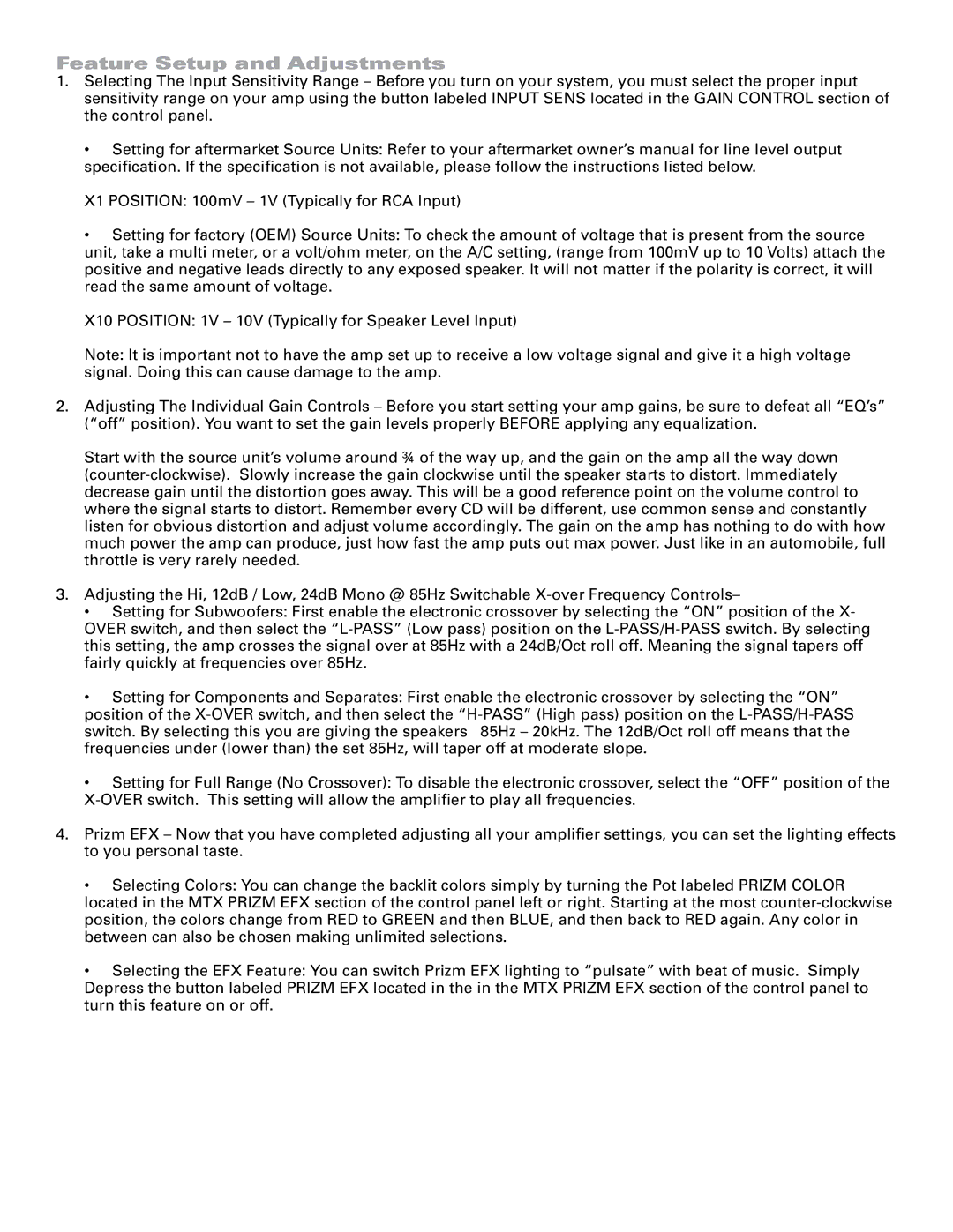 MTX Audio TA3202 specifications Feature Setup and Adjustments 