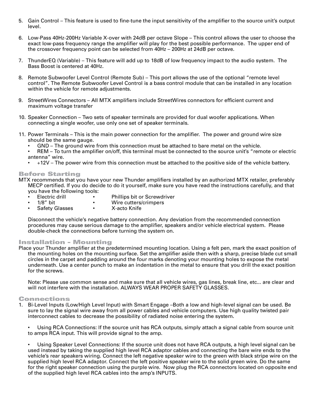 MTX Audio TA3401 specifications Before Starting, Installation Mounting, Connections 