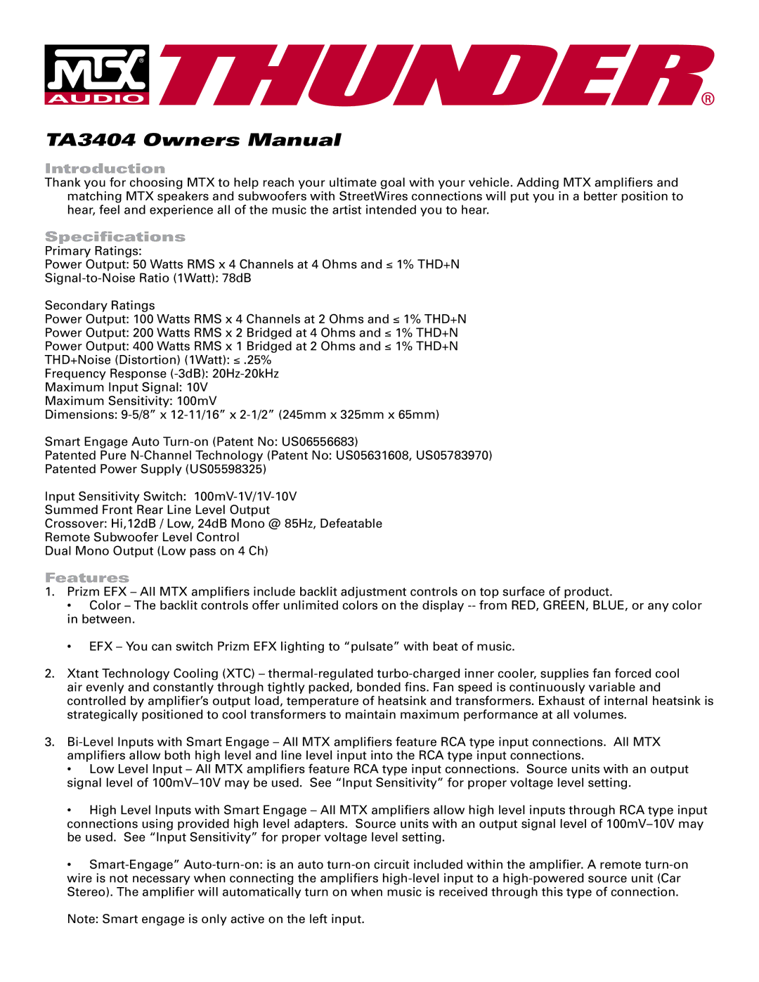 MTX Audio TA3404 specifications Introduction, Speciﬁcations, Features 