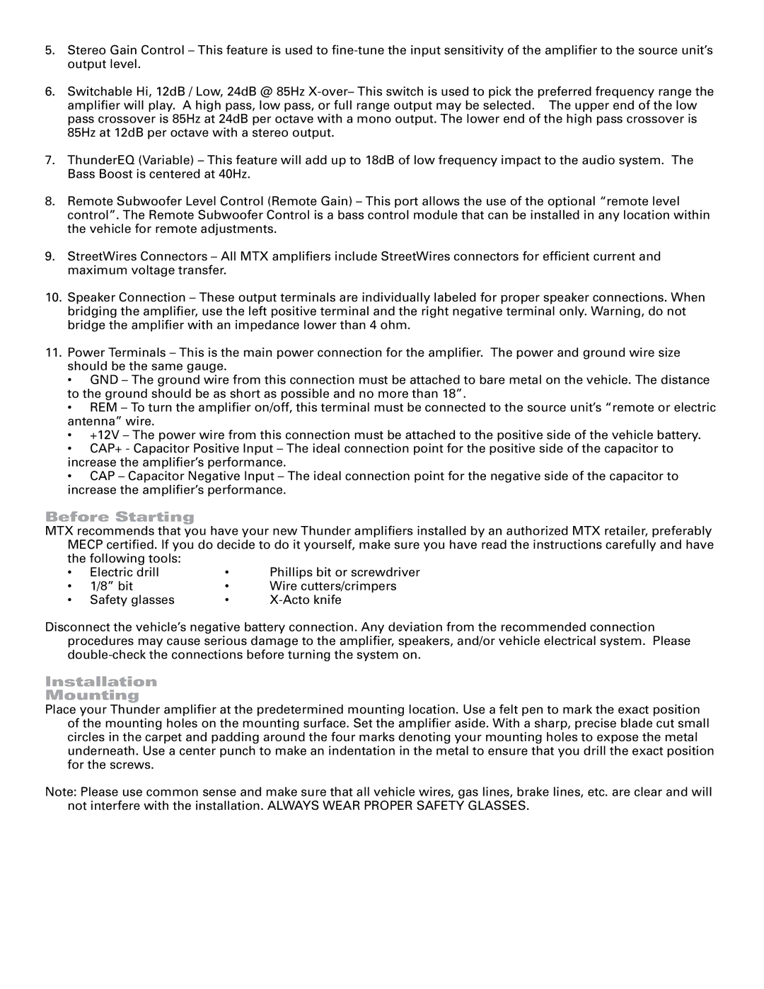 MTX Audio TA4252 specifications Before Starting, Installation Mounting 