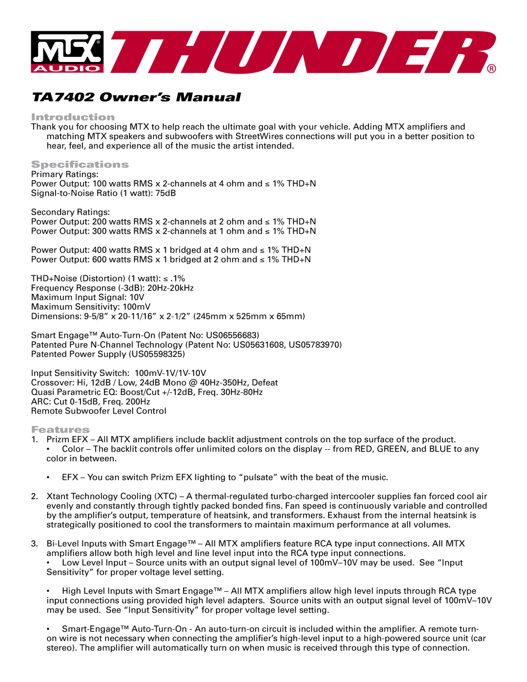 MTX Audio TA7402 specifications Introduction, Speciﬁcations, Features 