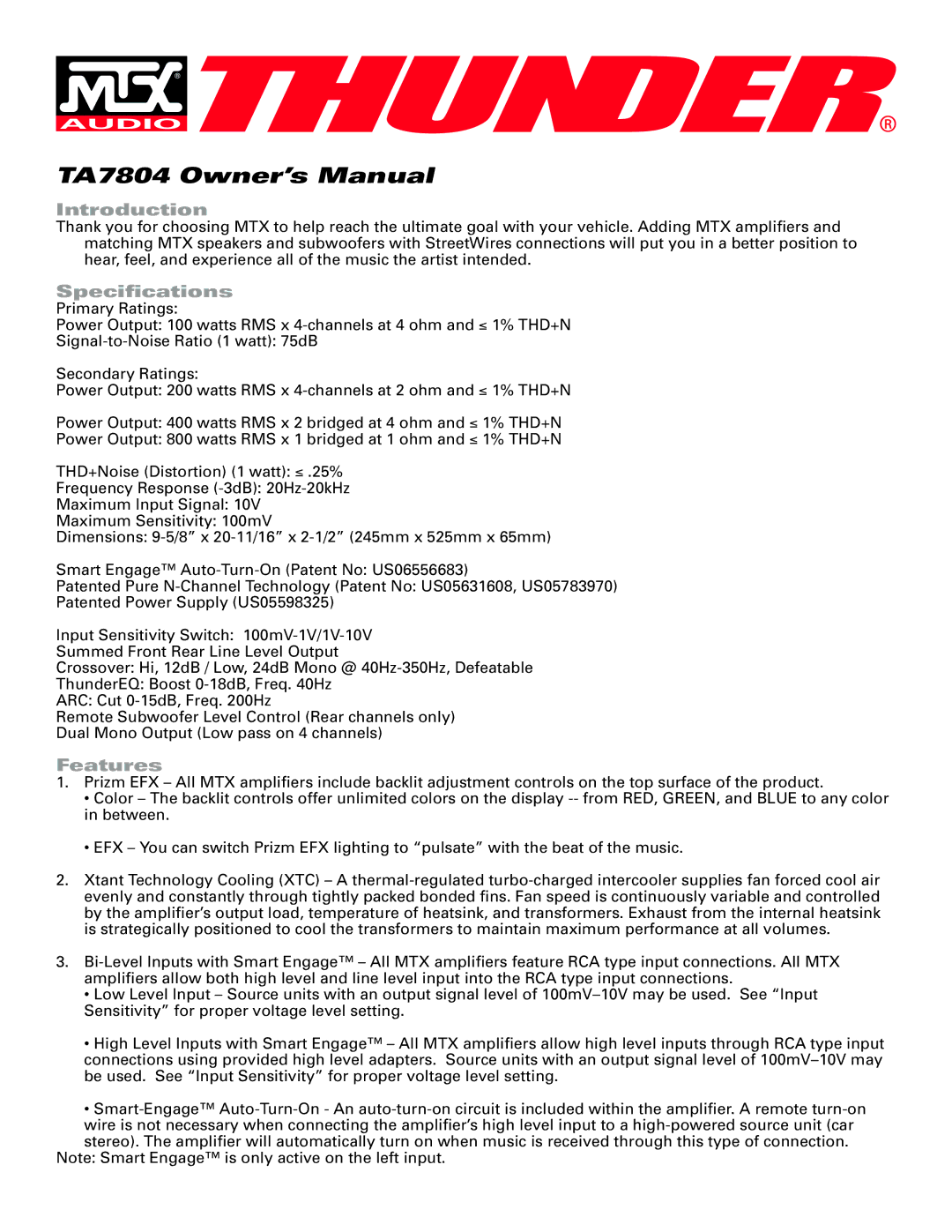 MTX Audio TA7804 specifications Introduction, Speciﬁcations, Features 