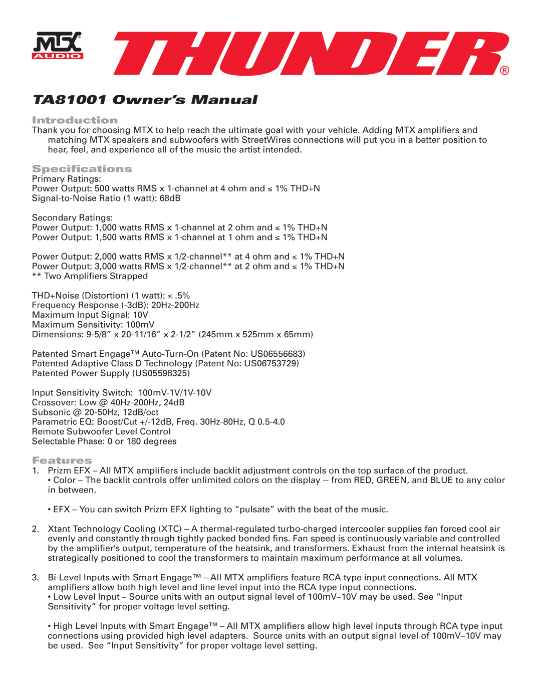 MTX Audio TA81001 specifications Introduction, Specifications, Features 