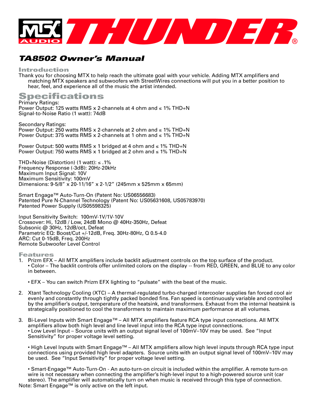 MTX Audio TA8502 specifications Introduction, Features 