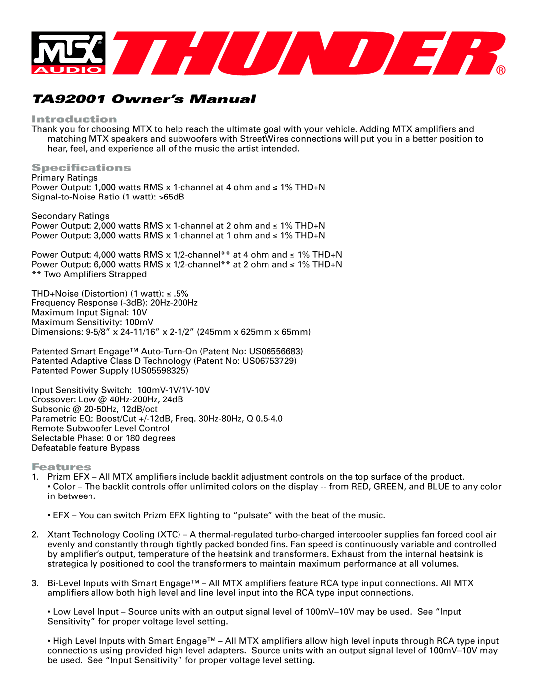 MTX Audio TA92001 specifications Introduction, Speciﬁcations, Features 