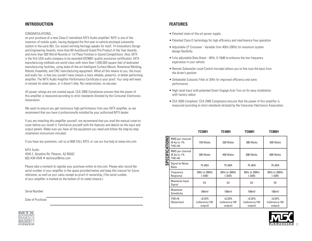 MTX Audio owner manual Introduction, Features, TC3001 TC4001 TC6001 TC8001 