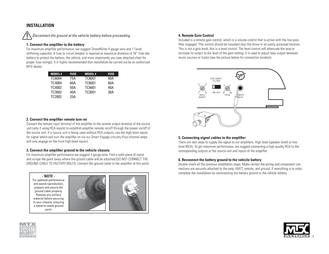 MTX Audio TC3001 owner manual Installation 