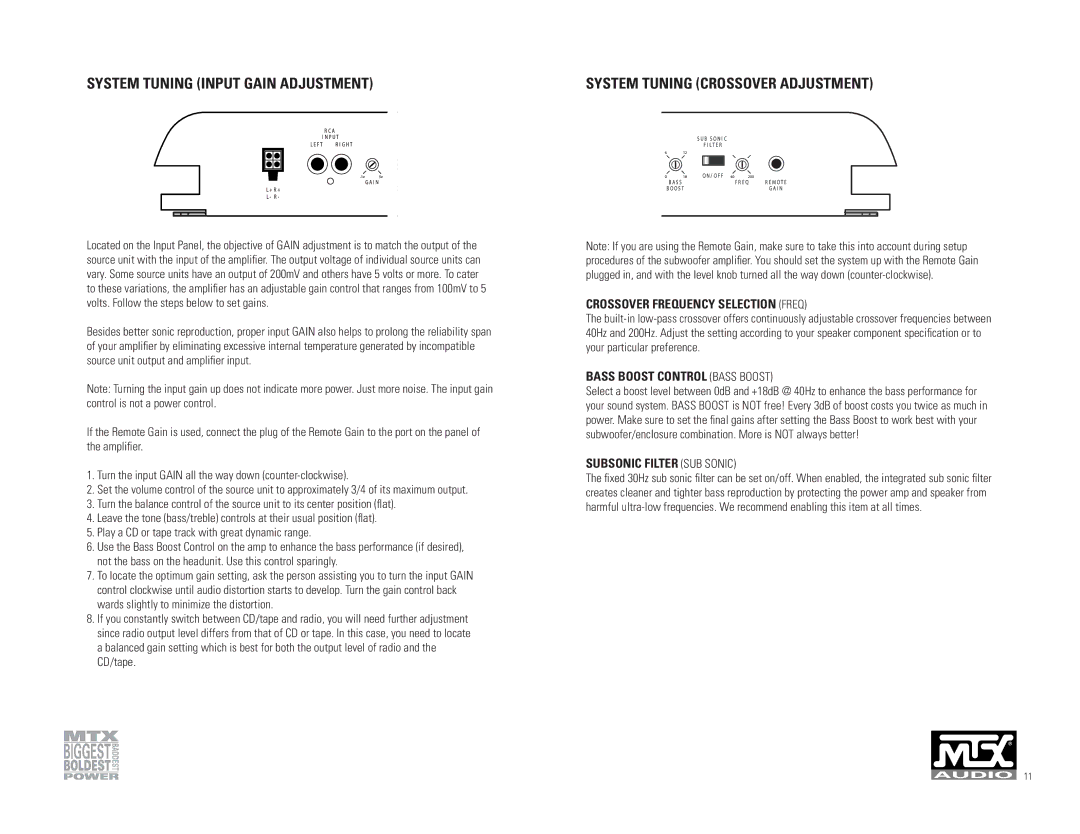 MTX Audio TC3001 owner manual Crossover Frequency Selection Freq, Bass Boost Control Bass Boost, Subsonic Filter SUB Sonic 
