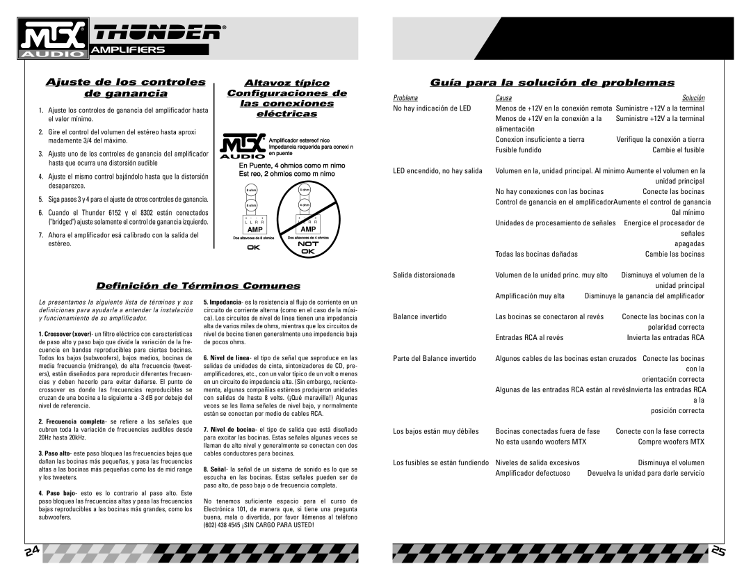 MTX Audio 8302, Thunder 6152, 6304 owner manual Ajuste de los controles De ganancia, Guía para la solución de problemas 