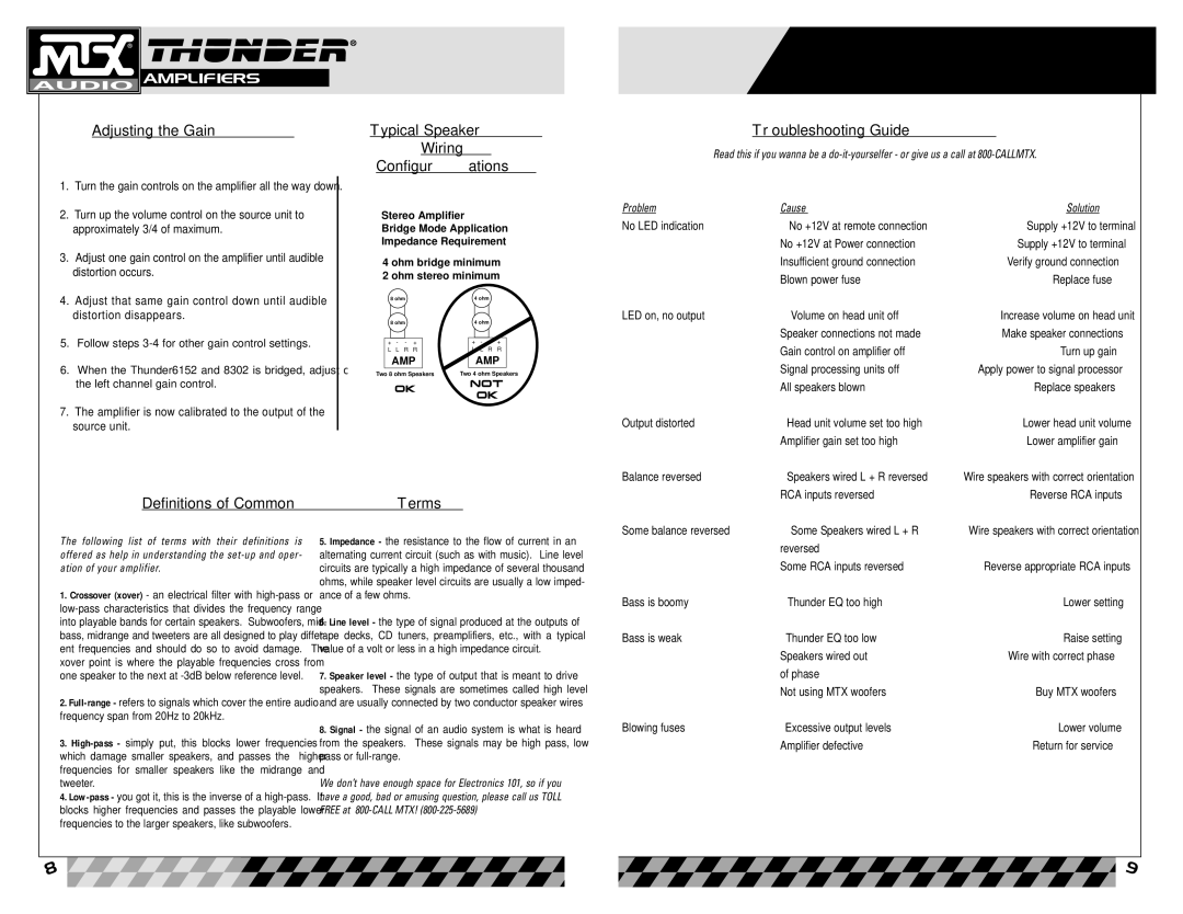 MTX Audio 6304, Thunder 6152, 8302 Adjusting the Gain, Typical Speaker Wiring Configurations, Troubleshooting Guide 