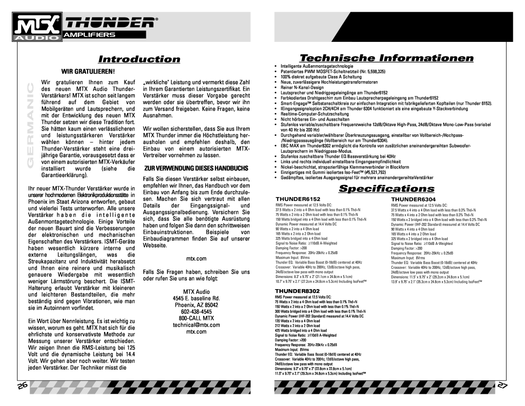 MTX Audio 6304 Technische Informationen, Wir Gratulieren, Zur Verwendung Dieses Handbuchs, Introduction, Specifications 