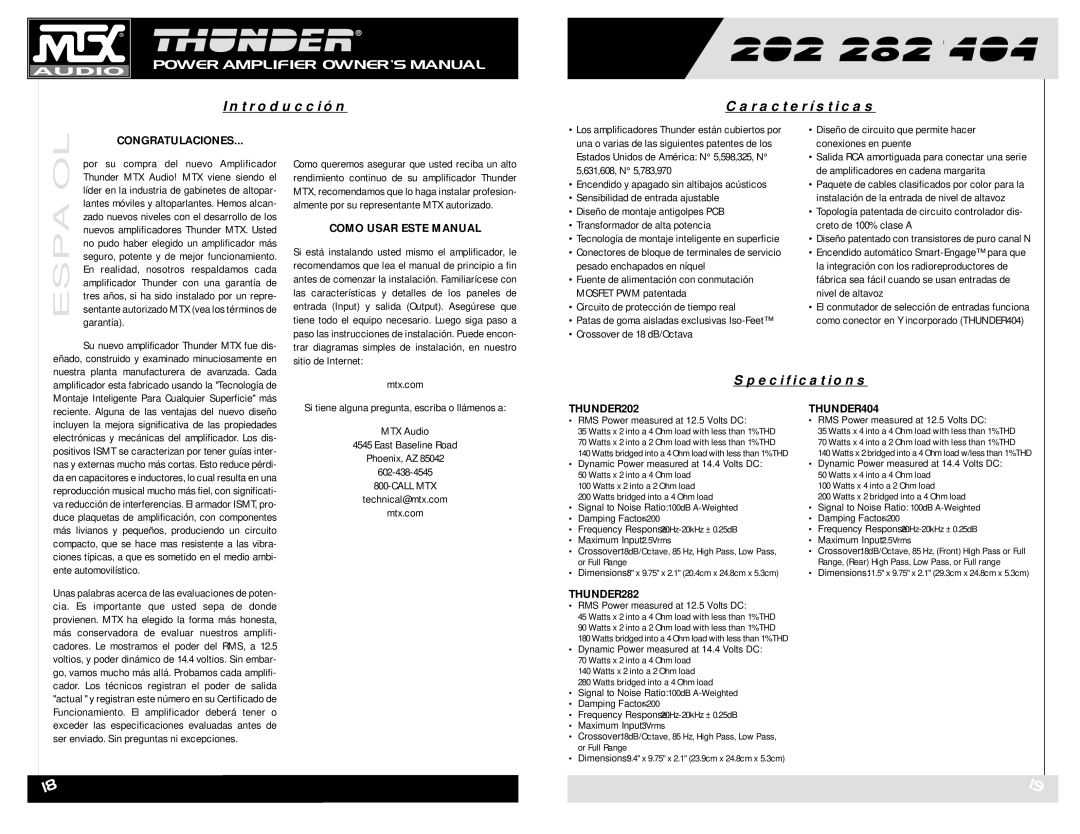 MTX Audio Thunder202, Thunder282, Thunder404 Introducción Características, Congratulaciones, Como Usar Este Manual 