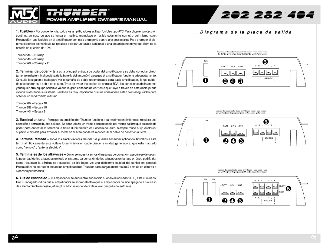 MTX Audio Diagrama de la placa de salida, Thunder202 20 Amp Thunder282 30 Amp Thunder404 25 Amp x, Ohmios puenteadas 