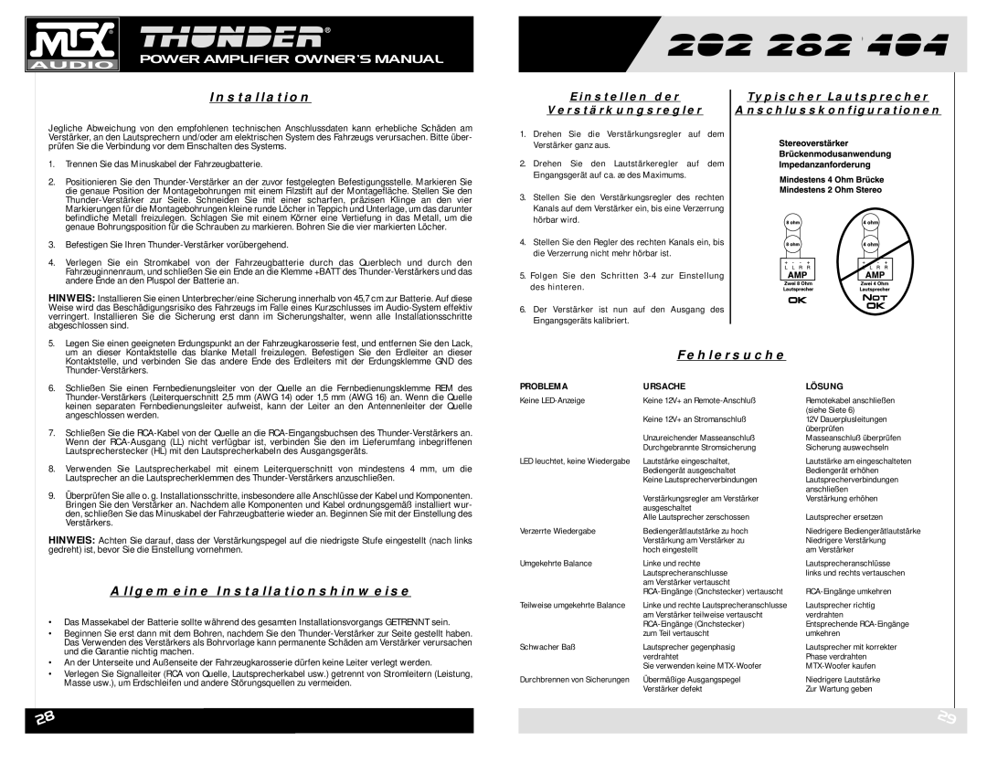 MTX Audio Thunder282 Allgemeine Installationshinweise, Fehlersuche, Trennen Sie das Minuskabel der Fahrzeugbatterie 