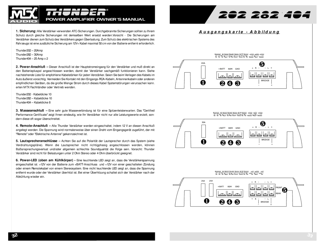 MTX Audio owner manual Ausgangskarte Abbildung, Thunder202 20Amp Thunder282 30Amp Thunder404 25 Amp x 