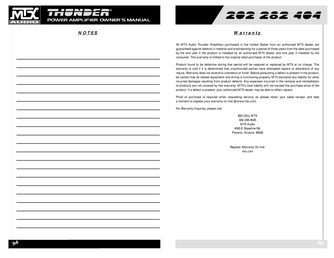 MTX Audio Thunder282, Thunder202, Thunder404 owner manual For Warranty Inquiries, please call 