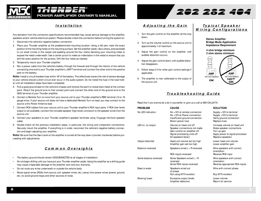 MTX Audio Thunder282 Installation, Adjusting the Gain, Typical Speaker Wiring Configurations, Troubleshooting Guide 