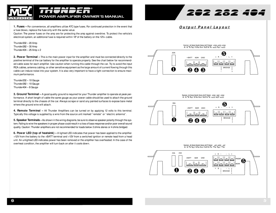 MTX Audio Thunder404, Thunder282, Thunder202 owner manual ❶ ❷ ❹ ❸ ❺ ❶ ❷ ❹ ❸, Output Panel Layout 