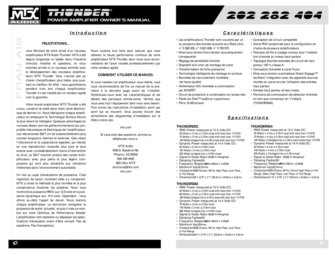 MTX Audio Thunder282, Thunder202, Thunder404 owner manual Introduction Caractéristiques, Felicitations 