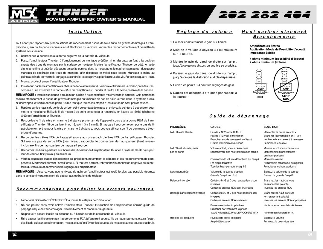 MTX Audio Thunder202, Thunder282, Thunder404 Réglage du volume, Haut-parleur standard Branchements, Guide de dépannage 