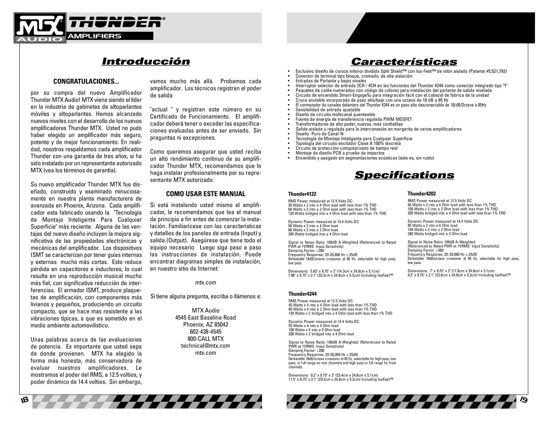 MTX Audio Thunder4202, Thunder4244 Introducción Características, Congratulaciones, Como Usar Este Manual, Mtx.com 