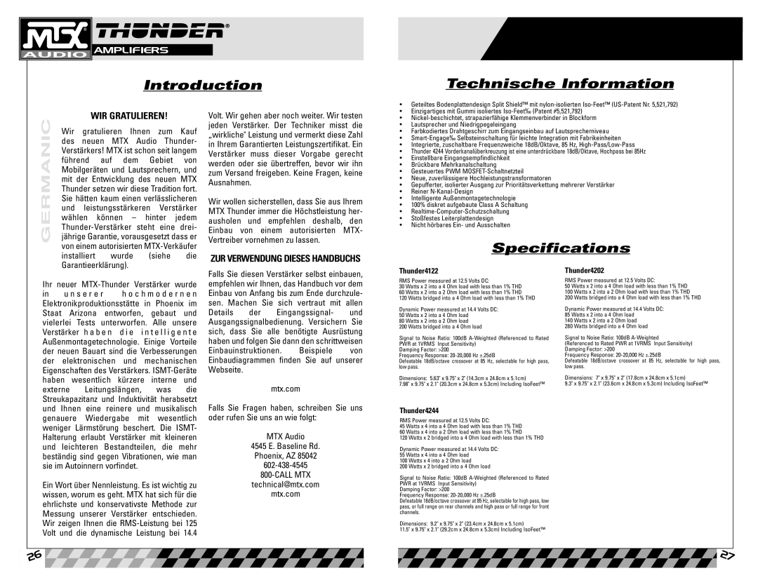 MTX Audio Thunder4122, Thunder4244, Thunder4202 Introduction Technische Information, ZUR Verwendung Dieses Handbuchs 