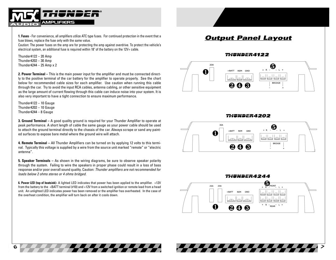 MTX Audio owner manual Output Panel Layout, Thunder4122 20 Amp Thunder4202 30 Amp Thunder4244 25 Amp x 