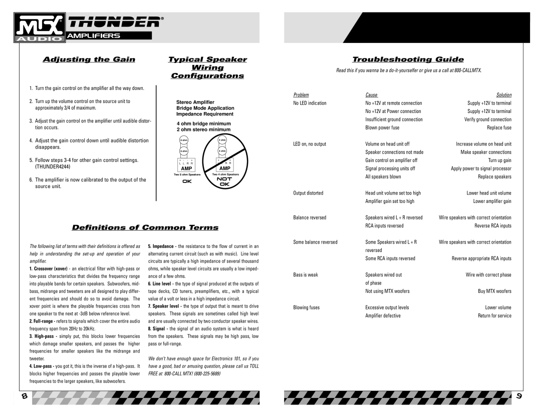 MTX Audio Thunder4122, Thunder4244 Adjusting the Gain, Typical Speaker Wiring Configurations, Troubleshooting Guide 