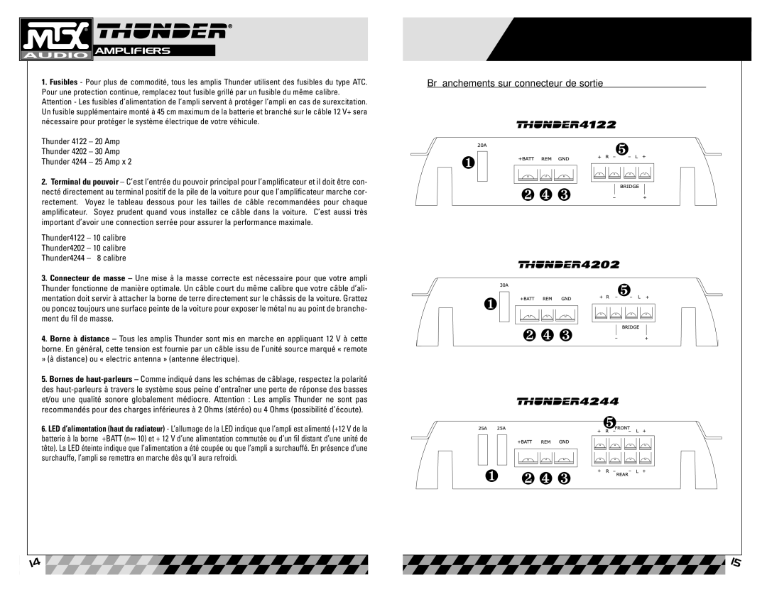 MTX Audio Thunder4122, Thunder4244, Thunder4202 owner manual Branchements sur connecteur de sortie 