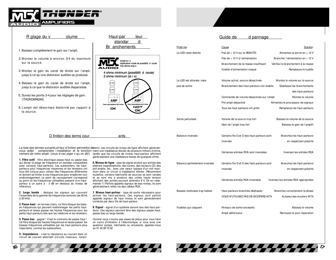 MTX Audio Thunder4244, Thunder4202, Thunder4122 Réglage du volume, Haut-parleur Standard Branchements, Guide de dépannage 