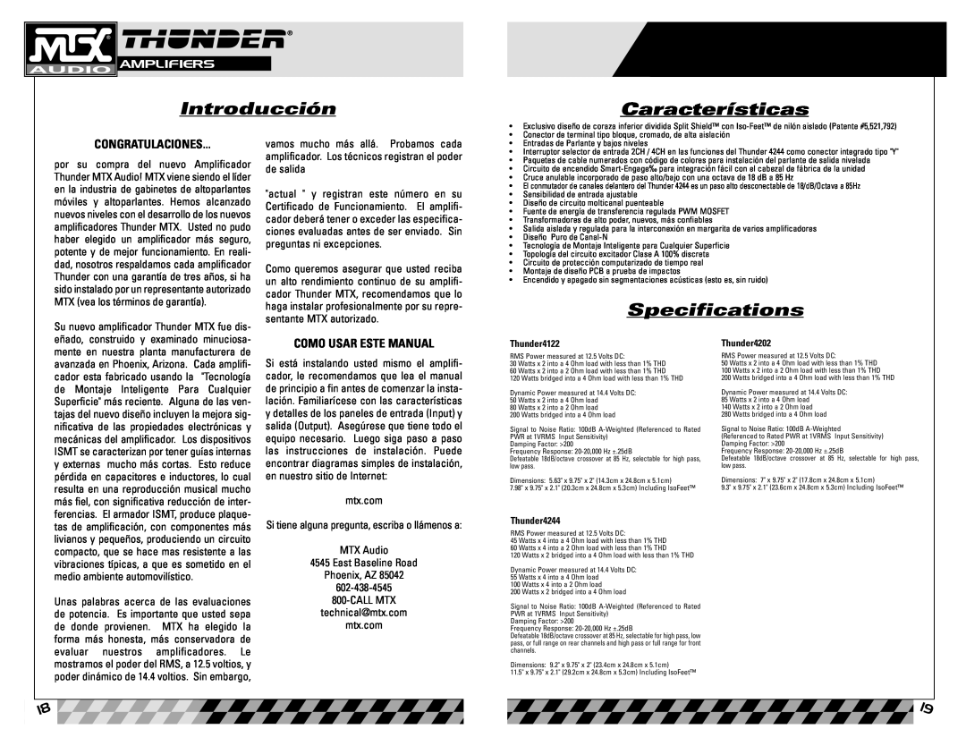 MTX Audio Thunder4202 Introducción, Características, Congratulaciones, Como Usar Este Manual, Specifications, Amplifiers 