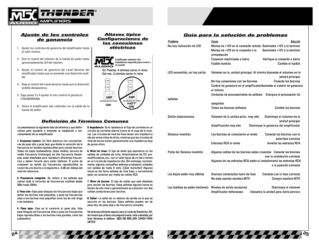 MTX Audio Thunder4202 Ajuste de los controles de ganancia, Guía para la solución de problemas, eléctricas, Amplifiers 