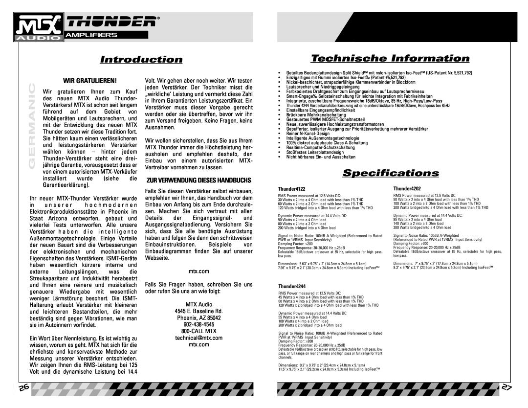 MTX Audio Thunder4122 Technische Information, Zur Verwendung Dieses Handbuchs, Introduction, Specifications, Germanic 