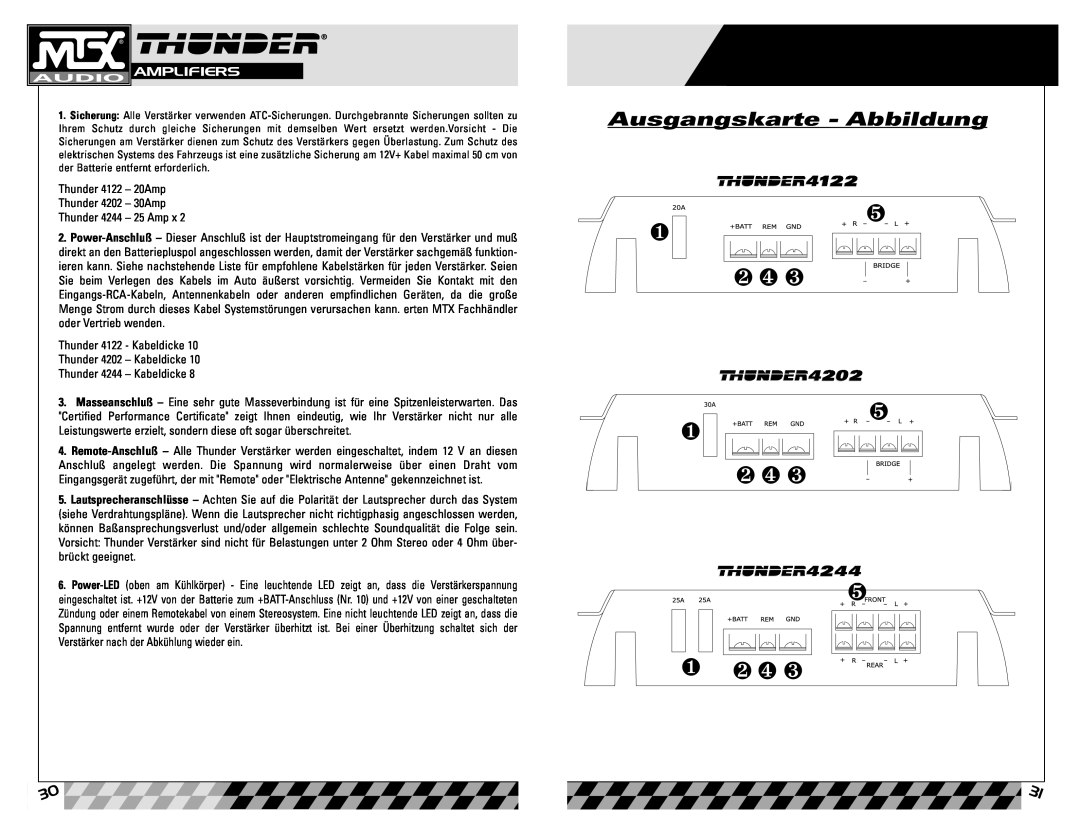 MTX Audio Thunder4202 Ausgangskarte - Abbildung, Thunder 4122 - 20Amp Thunder 4202 - 30Amp, Thunder 4122 - Kabeldicke 