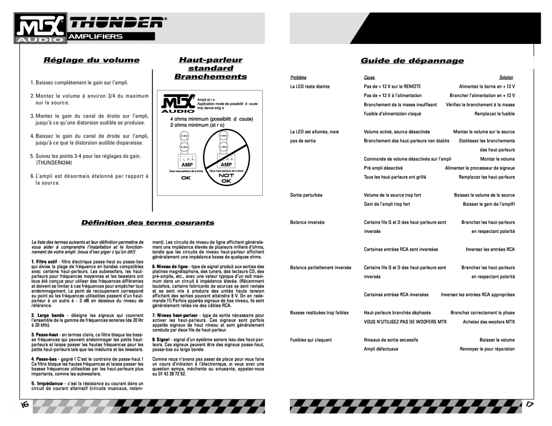 MTX Audio Thunder4244, Thunder4202 Réglage du volume, Haut-parleur standard Branchements, Guide de dépannage, Amplifiers 