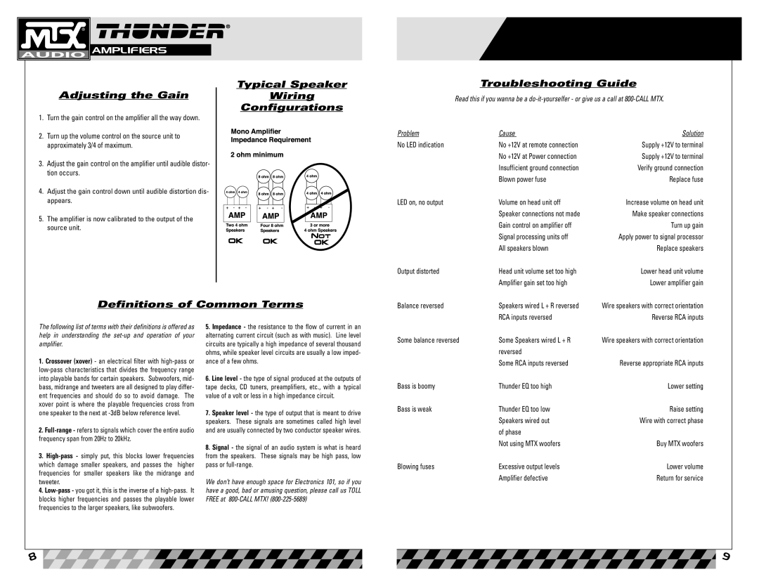 MTX Audio Thunder4250D, Thunder81000D Adjusting the Gain, Typical Speaker Wiring Configurations Troubleshooting Guide 