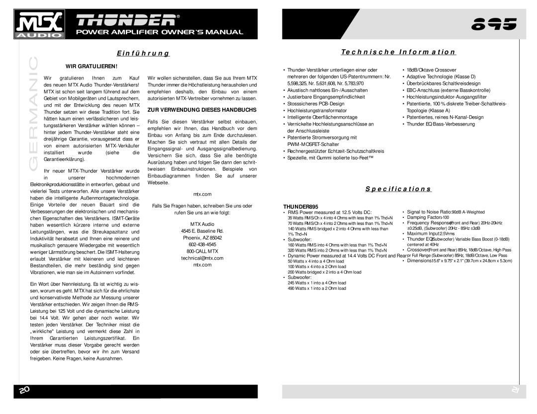 MTX Audio THUNDER895 owner manual Einführung Technische Information, WIR Gratulieren, ZUR Verwendung Dieses Handbuchs 