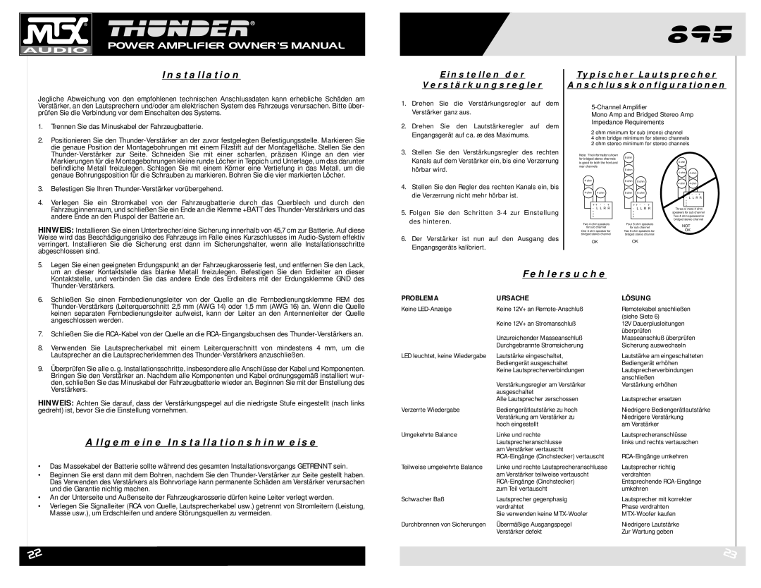 MTX Audio THUNDER895 Allgemeine Installationshinweise, Fehlersuche, Trennen Sie das Minuskabel der Fahrzeugbatterie 