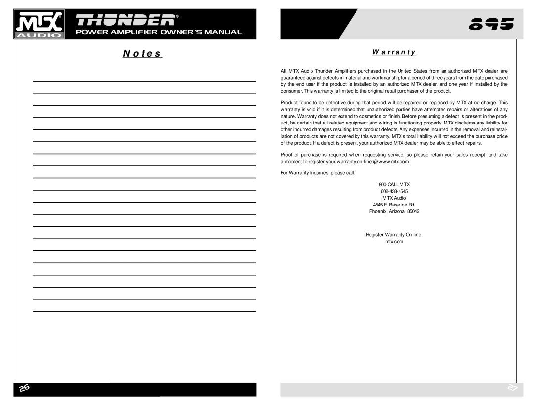 MTX Audio THUNDER895 owner manual For Warranty Inquiries, please call 