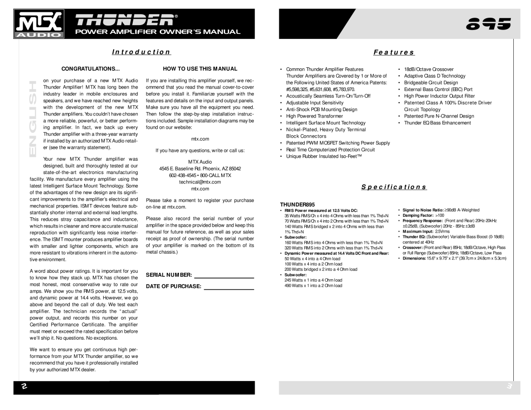 MTX Audio THUNDER895 owner manual Introduction Features, Specifications, Congratulations, HOW to USE this Manual 