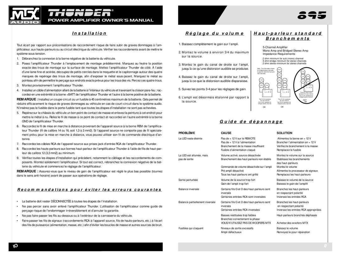 MTX Audio THUNDER895 owner manual Réglage du volume, Haut-parleur standard Branchements, Guide de dépannage 