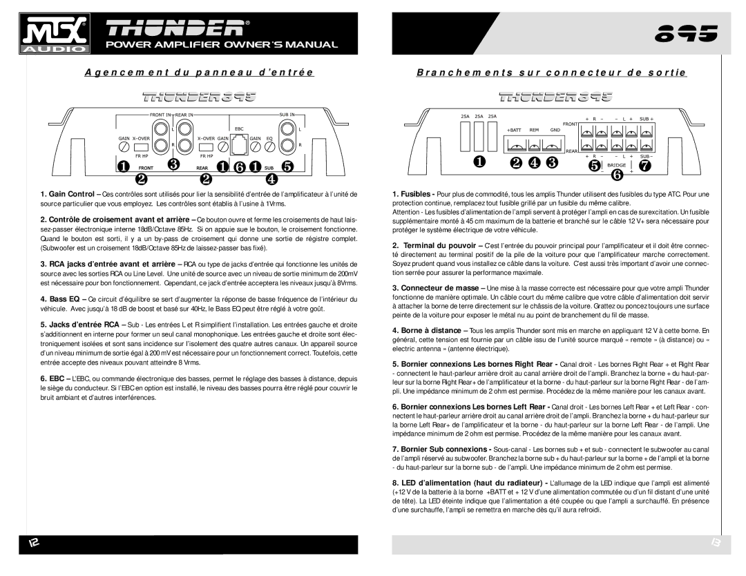 MTX Audio THUNDER895 owner manual Agencement du panneau d’entrée, Branchements sur connecteur de sortie 