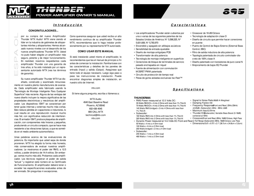 MTX Audio THUNDER895 owner manual Introducción Características, Congratulaciones, Como Usar Este Manual 