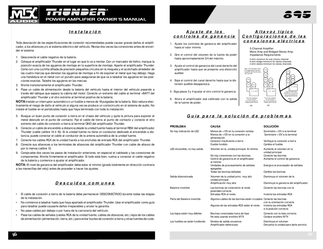 MTX Audio THUNDER895 owner manual Instalación, Descuidos comunes, Conexiones eléctricas, Guía para la solución de problemas 