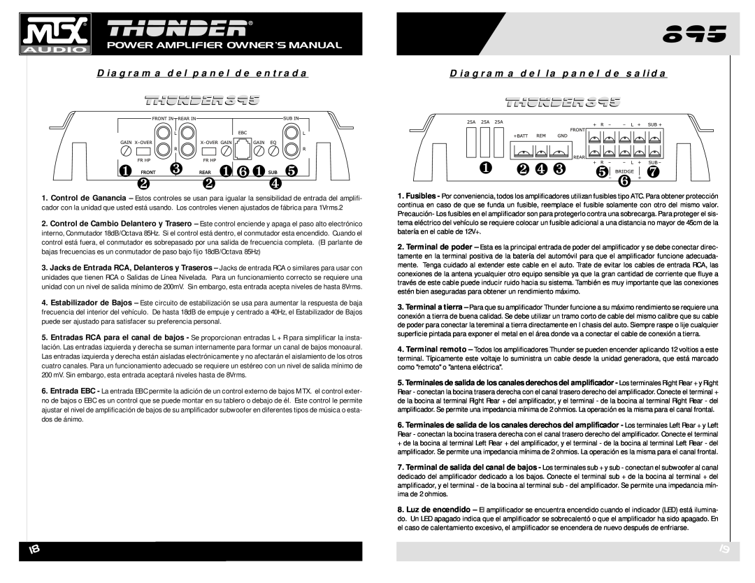 MTX Audio THUNDER895 owner manual Diagrama del panel de entrada, Diagrama del la panel de salida, ❶ ❷ ❹ ❸, ❶ ❻ ❶ ❹ ❺ 