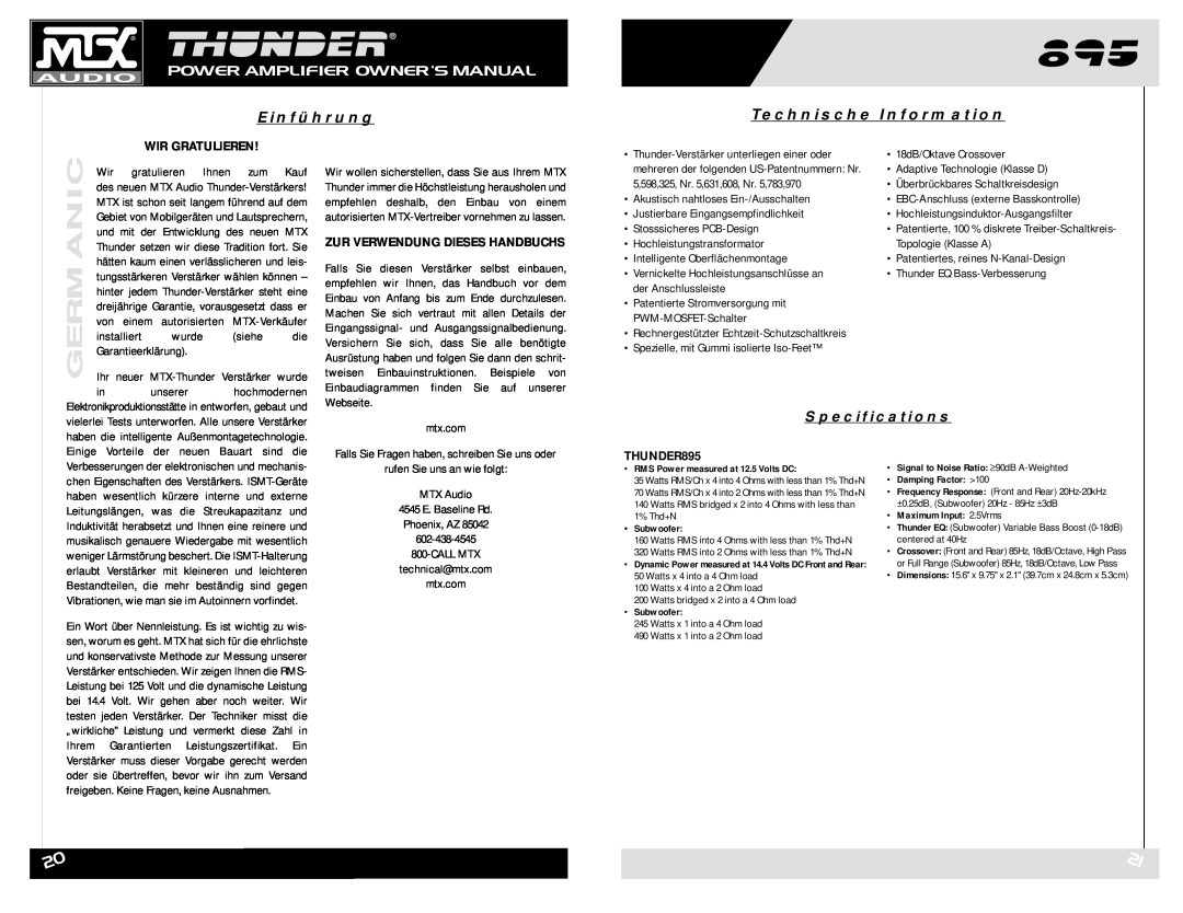 MTX Audio THUNDER895 Einführung, Technische Information, Wir Gratulieren, Zur Verwendung Dieses Handbuchs, Specifications 