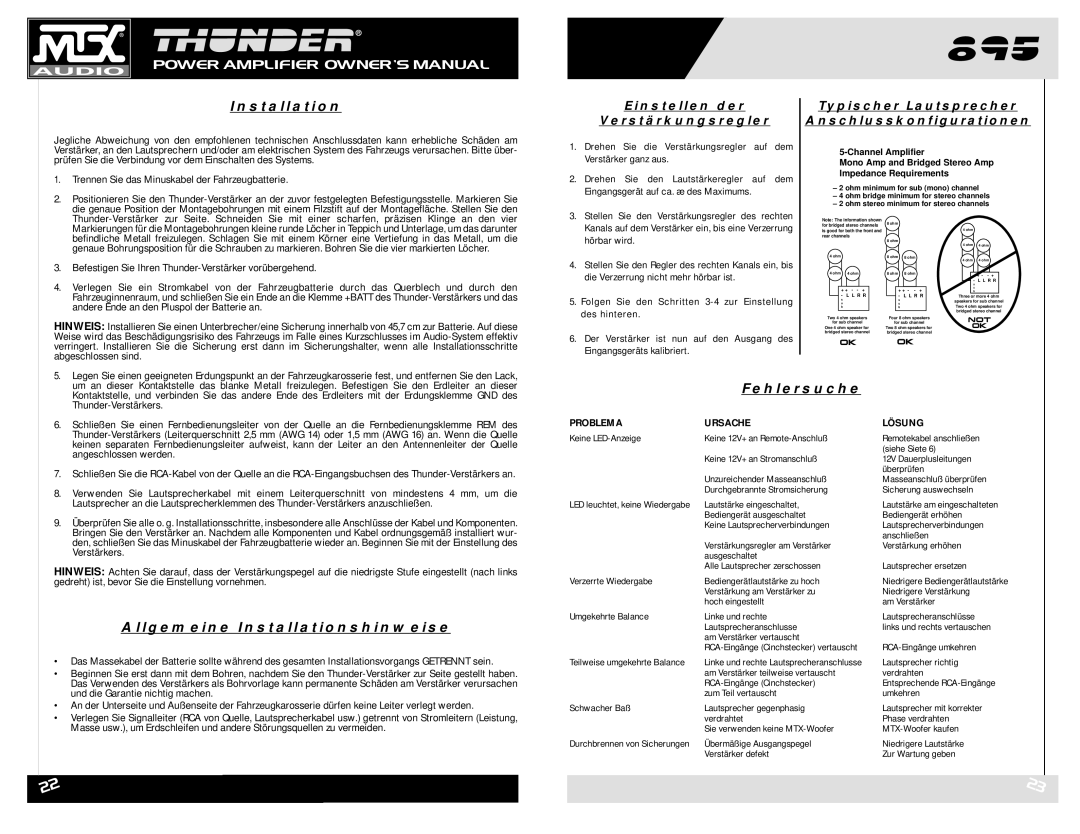 MTX Audio THUNDER895 owner manual Allgemeine Installationshinweise, Fehlersuche, Einstellen der Verstärkungsregler 