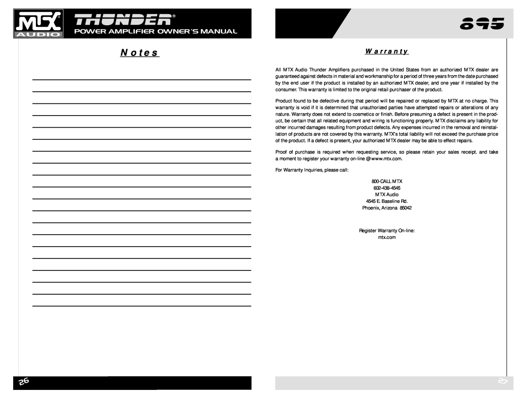 MTX Audio THUNDER895 owner manual Warranty 